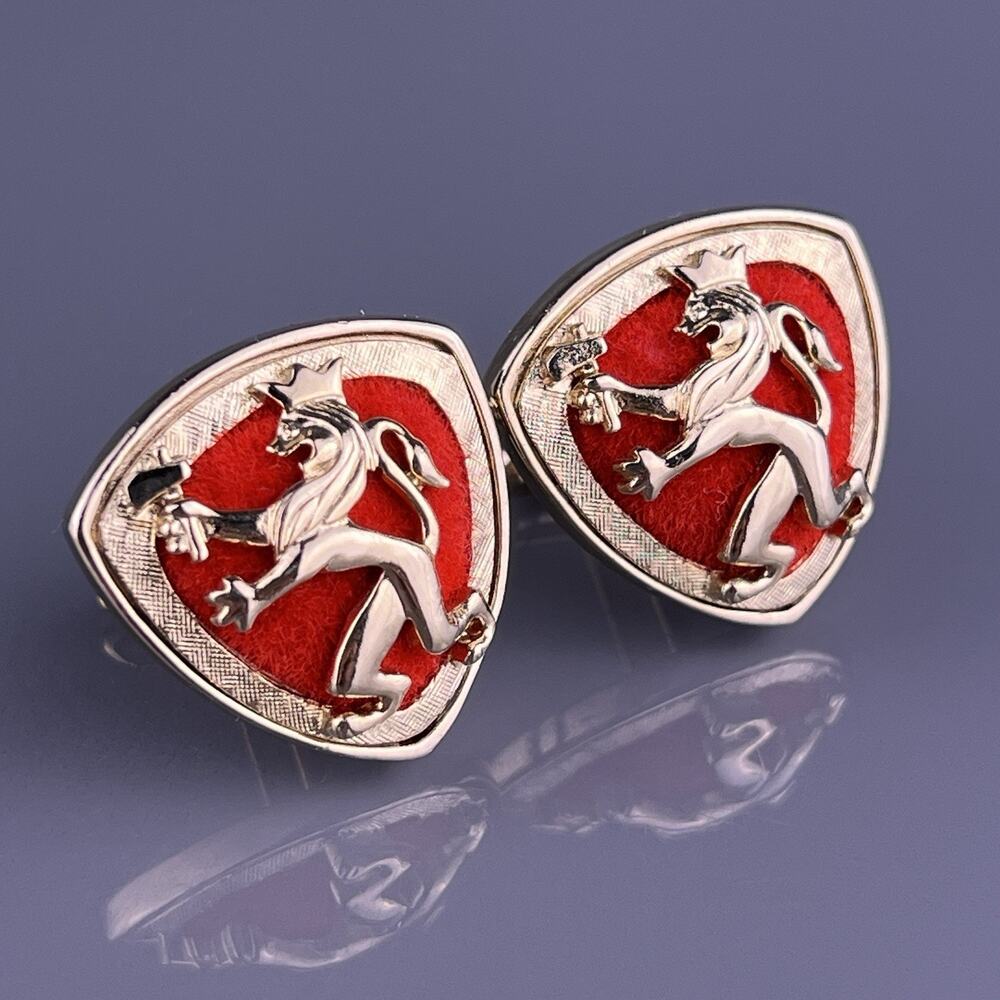 Red Rampant Lion Cufflinks Gold Tone Axe Crown Coat of Arms Velvet Swank Vintage